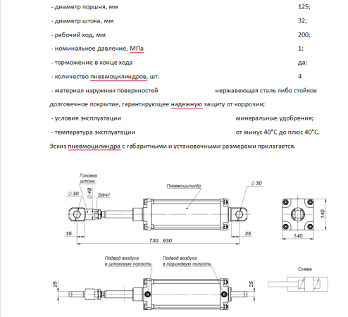 Пневмоцилиндр D 125 мм ход 200 мм ЦГМ